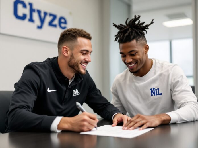 NIL Deal Requirements for D1 Athletes College athlete signing NIL contract with digital metrics and compliance guidelines displayed