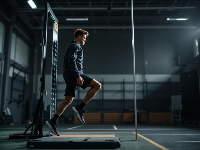 Athletic Performance Testing Standards High school athlete performing vertical jump test while college scout measures performance with digital equipment