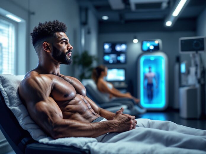 Effective Recovery Strategies for Student-Athletes Student athlete using modern recovery techniques and monitoring recovery metrics through digital devices