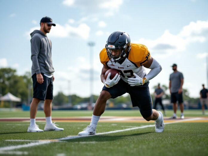 High School Football Player Preparing for Recruitment High school football player practicing on the field.