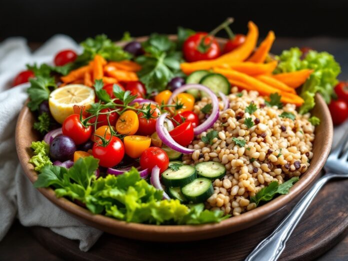 Mediterranean Meal for Athletes A healthy and vibrant Mediterranean meal with a variety of colorful vegetables, whole grains, and lean proteins, ideal for athletes.